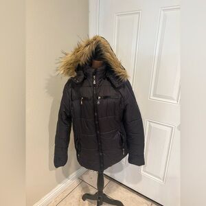 Women's Black Puffer Jacket with Faux Fur Hood